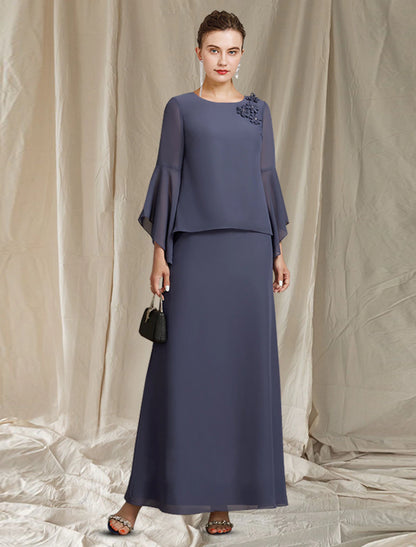 wholesale  A-Line Mother of the Bride Dress Plus Size Elegant Jewel Neck Ankle Length Chiffon Long Sleeve with Flower