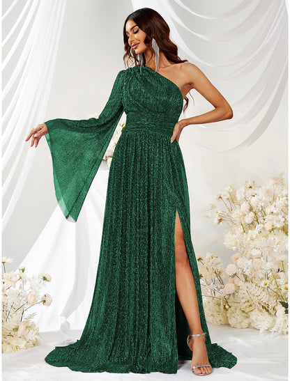 wholesale  A-Line Wedding Guest Dresses Sparkle & Shine Dress Formal Sweep / Brush Train Long Sleeve One Shoulder Polyester with Glitter Slit