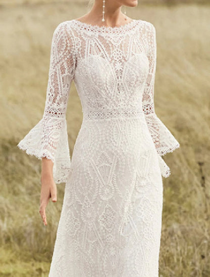 Wholesale Beach Boho Wedding Dresses A-Line Scoop Neck Long Sleeve Sweep / Brush Train Lace With Lace Summer Wedding Party