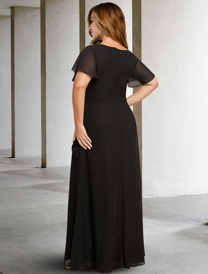 Wholesa  A-Line Mother of the Bride Dresses Plus Size Hide Belly Curve Elegant Dress Formal Floor Length Sleeveless Jewel Neck Chiffon with Ruched Crystals Fall