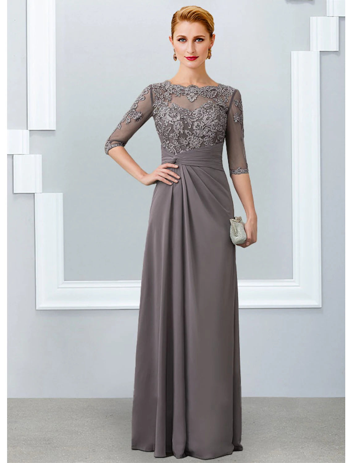 Wholesa  Sheath / Column Mother of the Bride Dress Elegant Jewel Neck Floor Length Chiffon Lace 3/4 Length Sleeve with Appliques