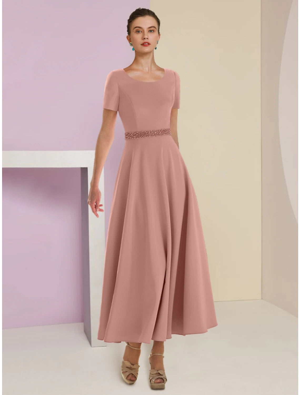 Wholesa  A-Line Mother of the Bride Dress Wedding Guest Elegant Scoop Neck Ankle Length Satin 3/4 Length Sleeve with Feather Bow(s) Beading