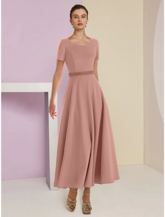 Wholesa  A-Line Mother of the Bride Dress Wedding Guest Elegant Scoop Neck Ankle Length Satin 3/4 Length Sleeve with Feather Bow(s) Beading