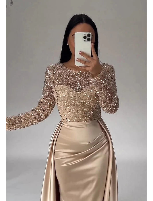 Wholesa Mermaid Sequin Evening Gown Ruched Satin Dress Long Sleeves Floor Length Sparkle Illusion Neck Fall Wedding Guest Dress with Pearls Overskirt