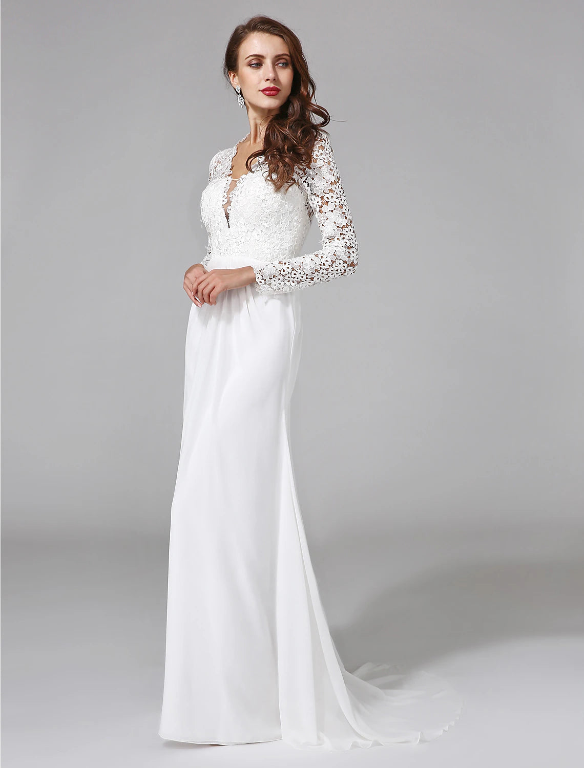 Wholesale Beach Royal Style Boho Wedding Dresses Sheath / Column Illusion Neck Long Sleeve Sweep / Brush Train Chiffon Bridal Gowns With Lace Button 2023 Summer Wedding Party