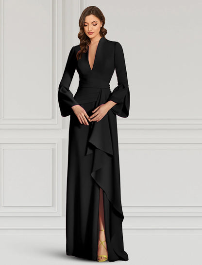 Wholesa Sheath Evening Gown Elegant Black Dress Formal Cocktail Party Dress Floor Length Long Sleeve V Neck Fall Wedding Guest Stretch Fabric with Ruffles