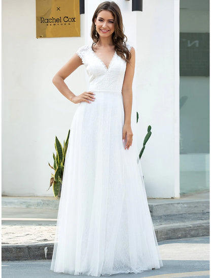 Wholesale Beach Wedding Dresses A-Line V Neck Cap Sleeve Floor Length Lace Bridal Gowns With Lace Summer Wedding Party