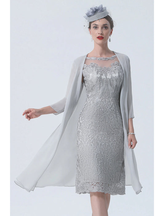 wholesale Two Piece Mother of the Bride Dress Church Vintage Plus Size Sexy Jewel Neck Tea Length Chiffon 3/4 Length Sleeve with Lace