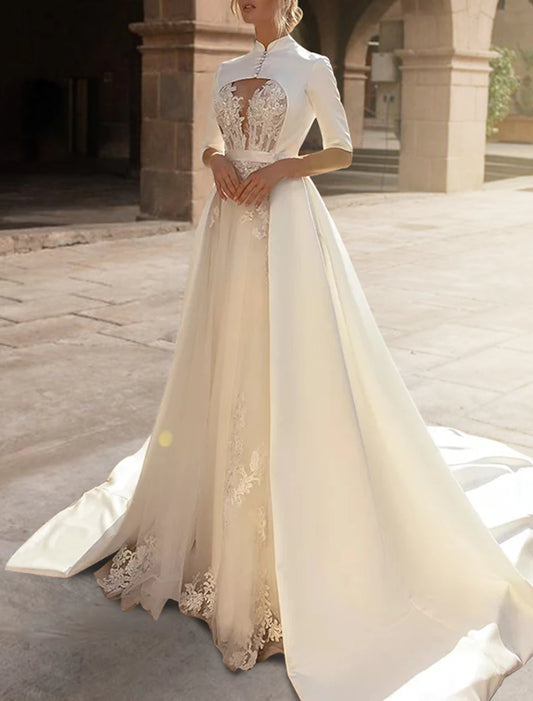 Wholesa Engagement Royal Style Formal Wedding Dresses A-Line Sweetheart Half Sleeve Court Train Satin Bridal Gowns With Ruffles Appliques