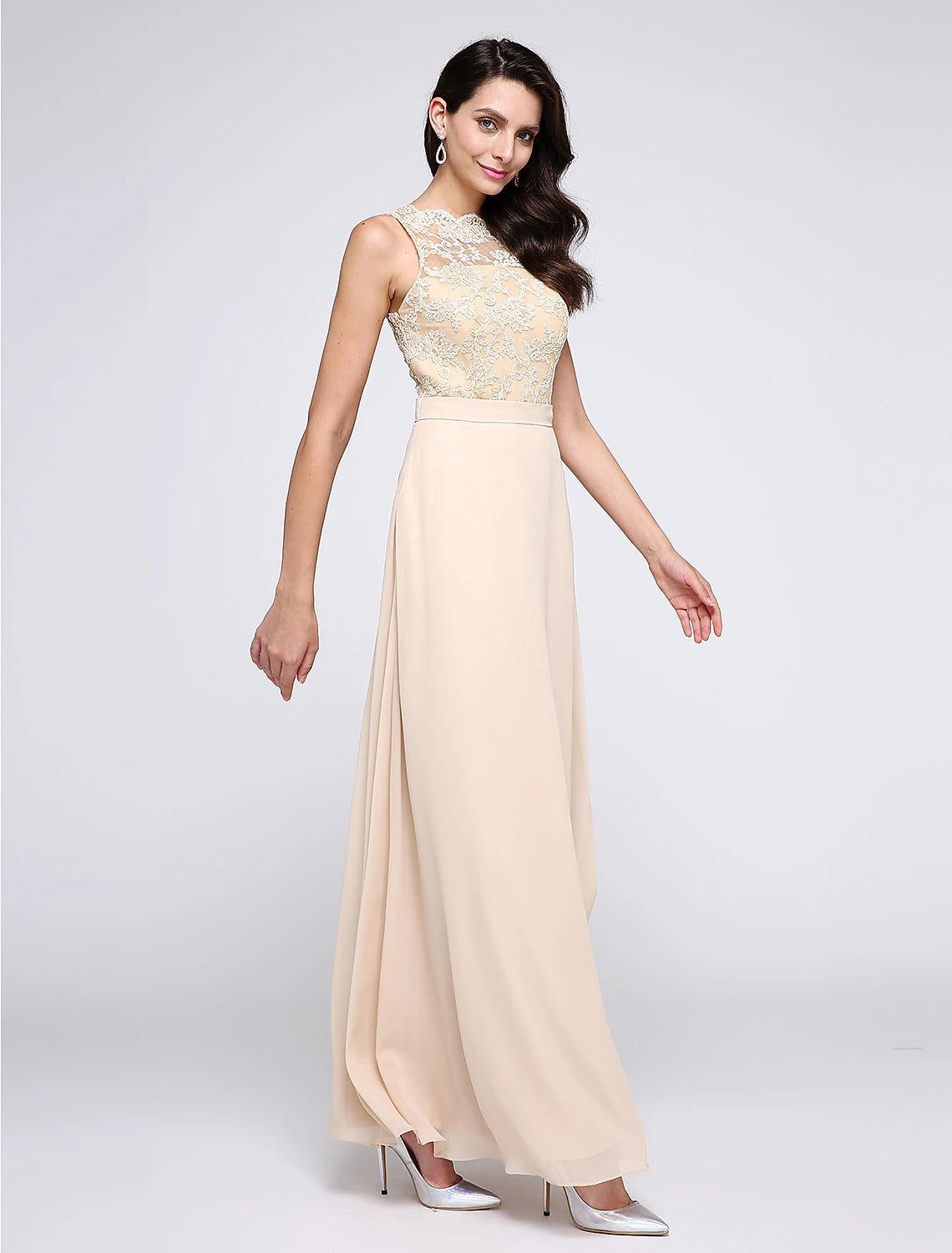 Wholesa Sheath / Column Beautiful Back Dress Holiday Cocktail Party Ankle Length Sleeveless Jewel Neck Chiffon with Lace