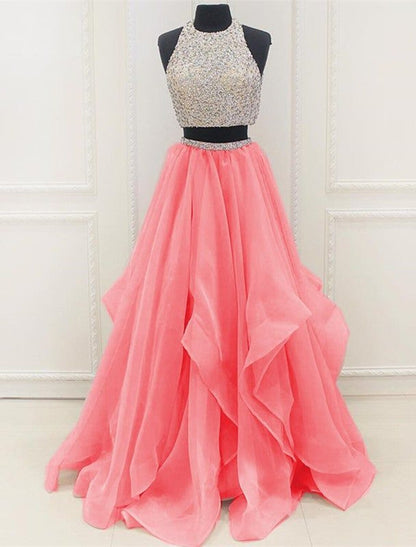 wholesale  Two Piece Ball Gown Prom Dresses Sparkle & Shine Dress Party Wear Floor Length Sleeveless Halter Organza with Sequin