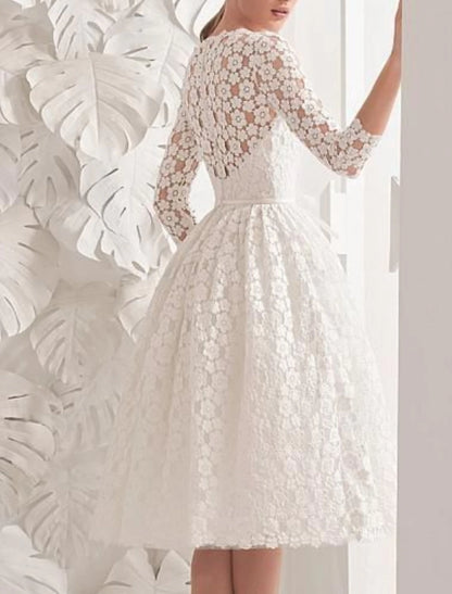 Wholesale Reception Little White Dresses Wedding Dresses A-Line Scoop Neck 3/4 Length Sleeve Knee Length Lace Bridal Gowns With Sashes / Ribbons Appliques