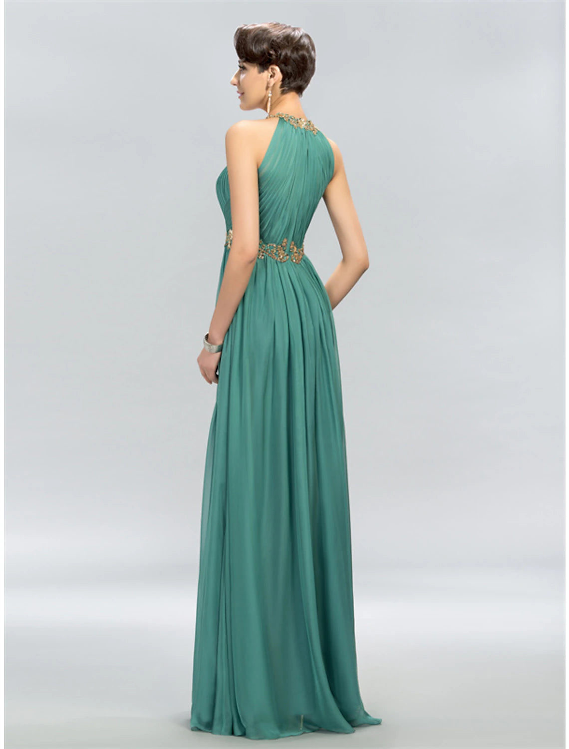 Wholesale A-Line Wedding Guest Dresses Maxi Dress Party Wear Floor Length Sleeveless Halter Chiffon with Ruched Appliques