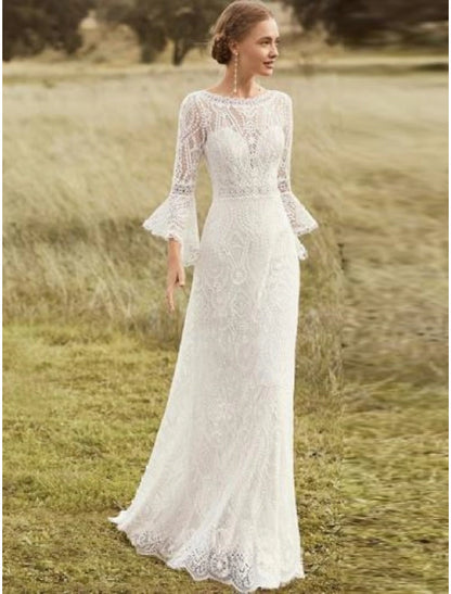 Wholesale Beach Boho Wedding Dresses A-Line Scoop Neck Long Sleeve Sweep / Brush Train Lace With Lace Summer Wedding Party