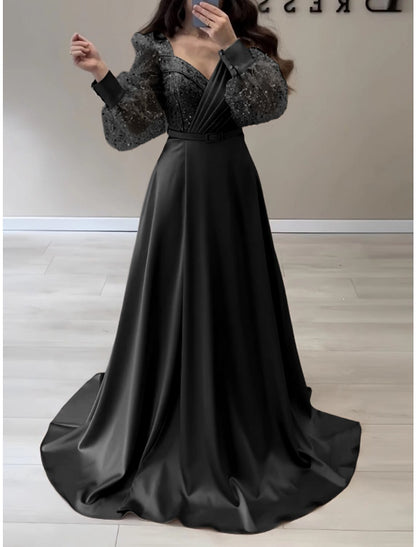 Wholesa A-Line Evening Gown Elegant Dress Formal Fall Sweep / Brush Train Long Sleeve V Neck Satin with Glitter Pleats Strappy