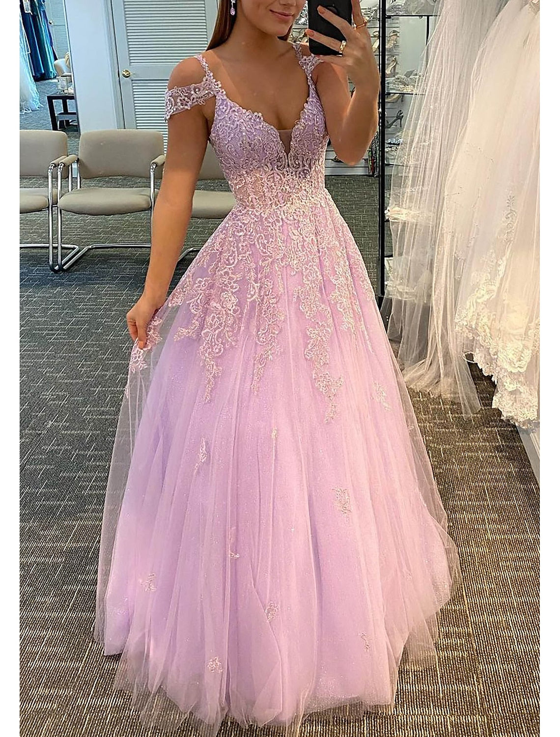 Wholesale A-Line Prom Dresses Dress For Formal Dresses Gowns Evening Dresses Wedding Guest Floor Length Sleeveless V Neck Tulle Backless with Pleats Appliques