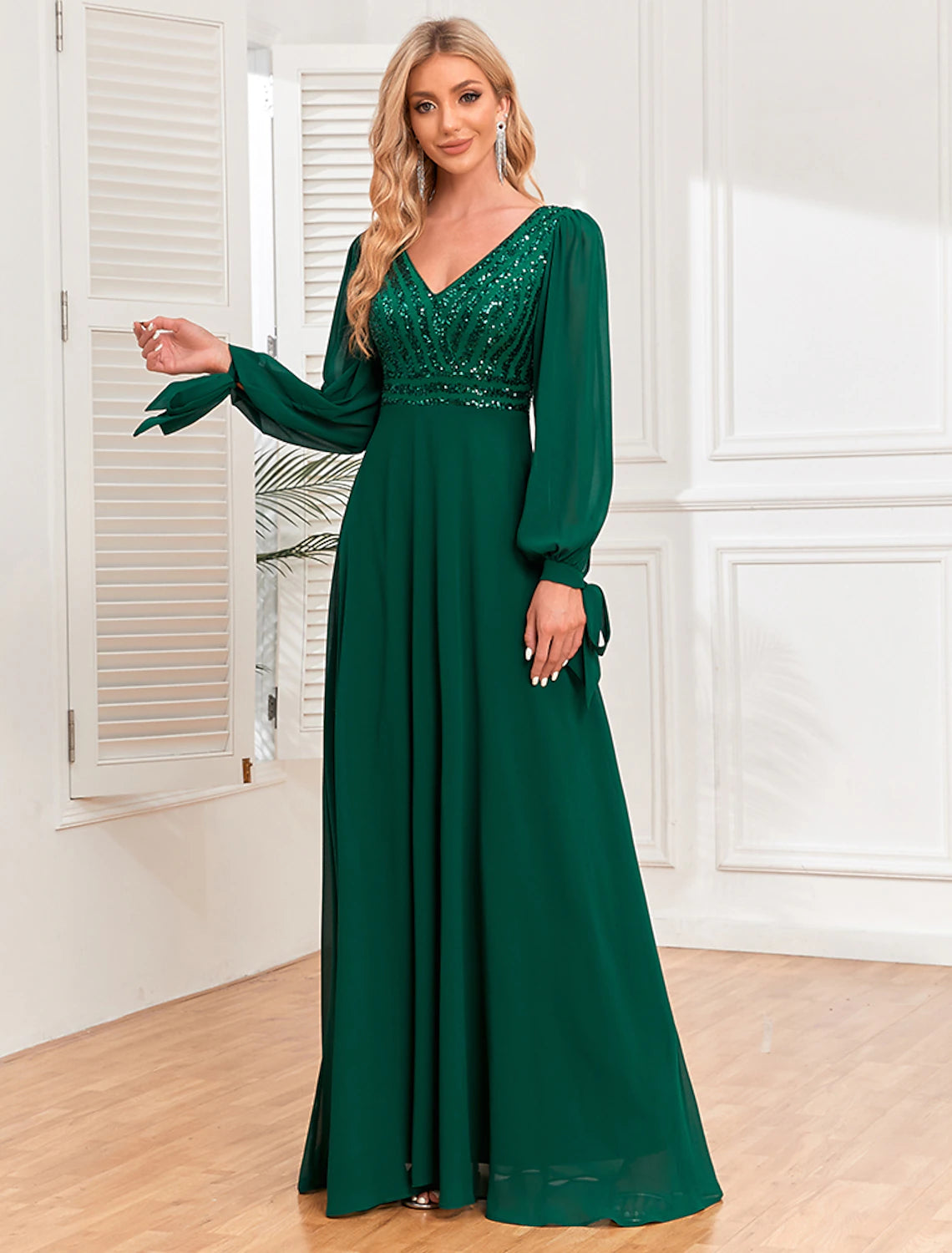 Wholesa A-Line Evening Gown Empire Dress Evening Party Wedding Reception Floor Length Long Sleeve V Neck Fall Wedding Guest Chiffon V Back with Sequin