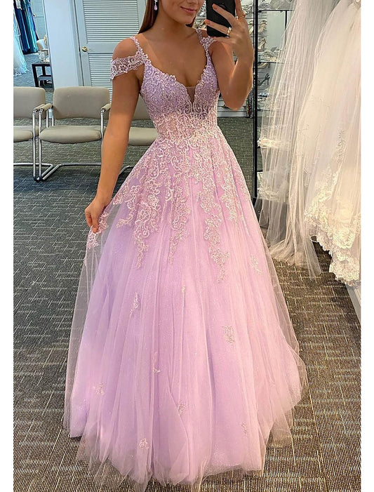 Wholesa A-Line Prom Dresses Empire Dress Formal Wedding Guest Floor Length Sleeveless V Neck Tulle Backless with Pleats Appliques