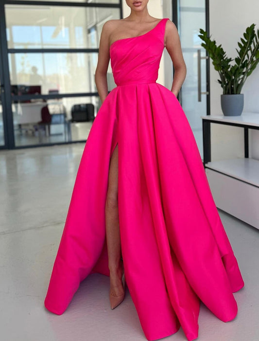 Wholesa A-Line Prom Dresses Party Dress Formal Wedding Guest Sweep / Brush Train Sleeveless One Shoulder Satin with Ruched SlitWholesa