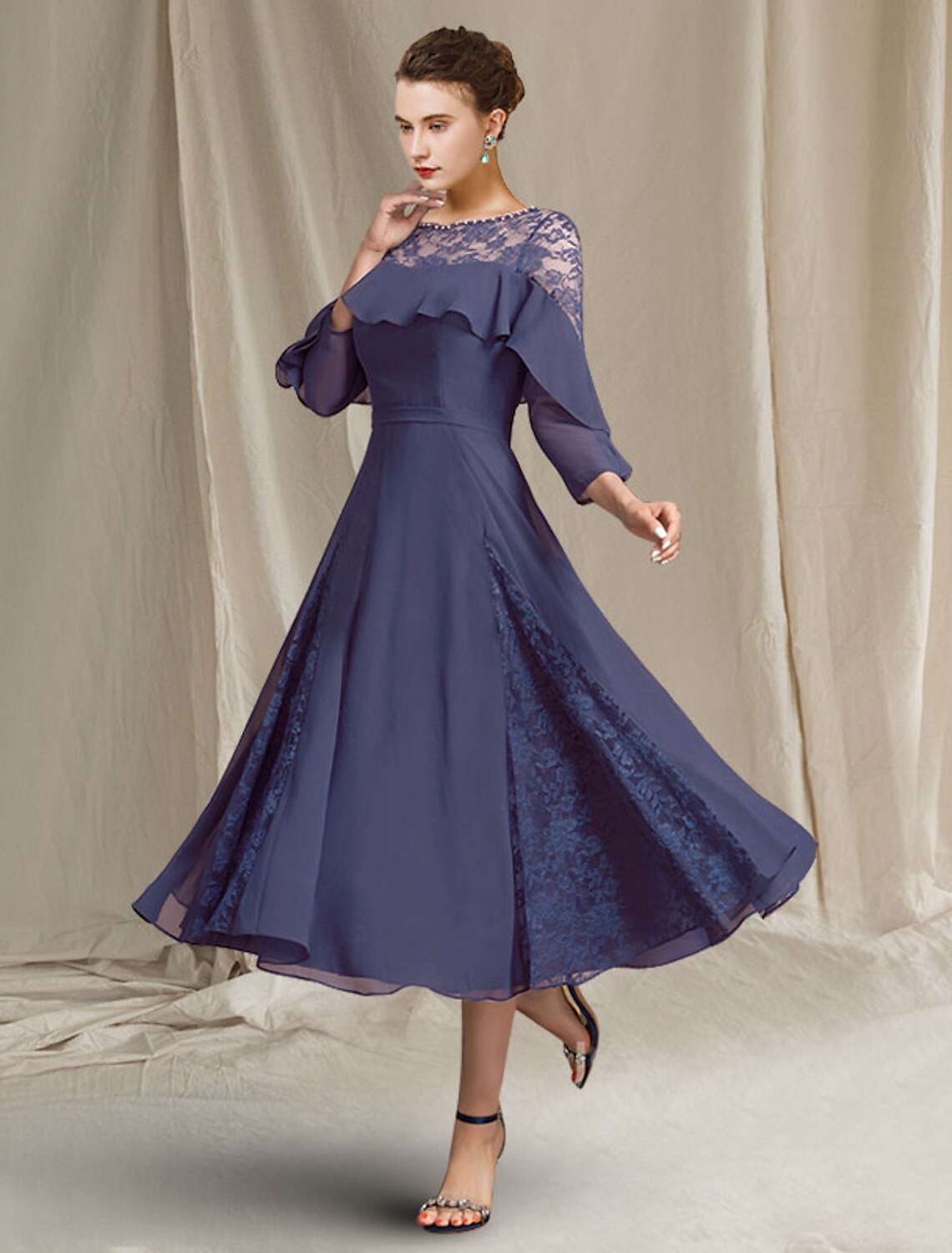 Wholesa A-Line Mother of the Bride Dress Elegant Jewel Neck Tea Length Chiffon 3/4 Length Sleeve with Pleats Sequin Ruffles