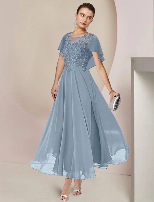 wholesale A-Line Mother of the Bride Dress Elegant Scoop Neck Tea Length Chiffon Lace Sleeveless with Beading Appliques