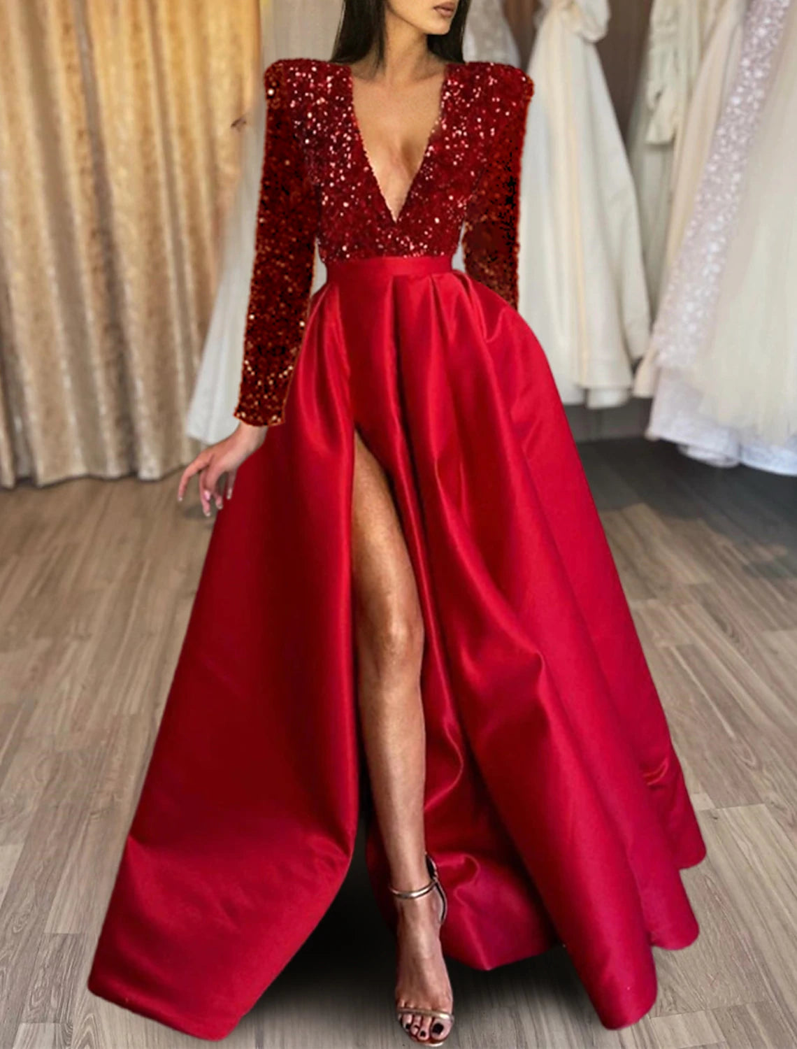 Wholesa A-Line Evening Gown Red Green Dress Formal Black Dress Plus Size Wedding Court Train Half Sleeve V Neck Satin with Sequin Slit