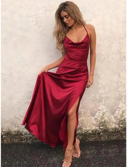 wholesale A-Line Beautiful Back Sexy High Split Engagement Prom Formal Evening Dress Spaghetti Strap Sleeveless Floor Length Satin with Ruffles Slit