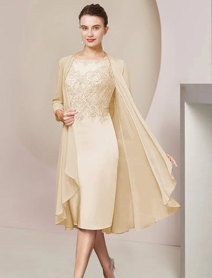 Wholesa Two Piece Sheath / Column Mother of the Bride Dress Formal Wedding Guest Elegant Scoop Neck Knee Length Chiffon Lace Half Sleeve Jacket Dresses with Appliques