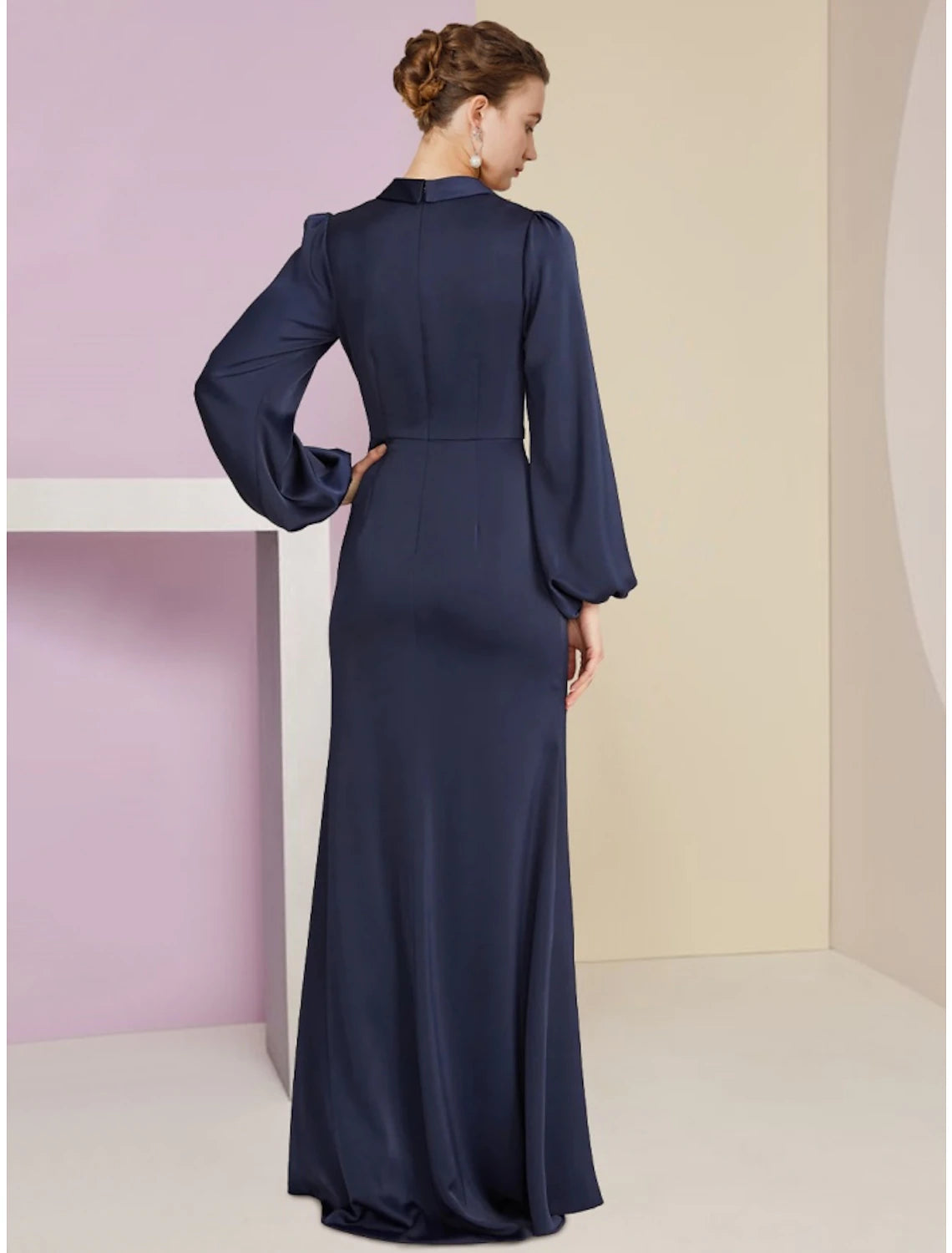 Wholesa Sheath / Column Mother of the Bride Dress Wedding Guest Elegant V Neck Floor Length Stretch Satin Long Sleeve with Split Front Ruching