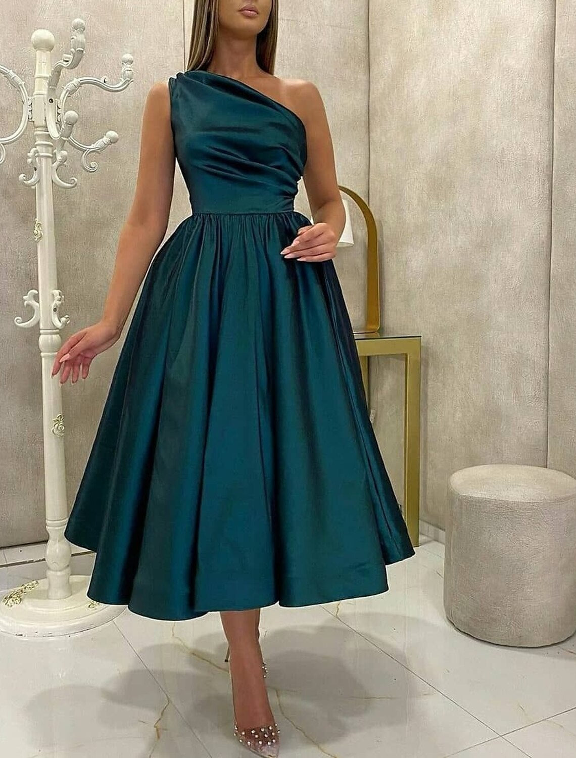 Wholesa A-Line Cocktail Dresses High Split Dress Prom Birthday Tea Length Sleeveless One Shoulder Fall Wedding Guest Satin with Slit Pure Color