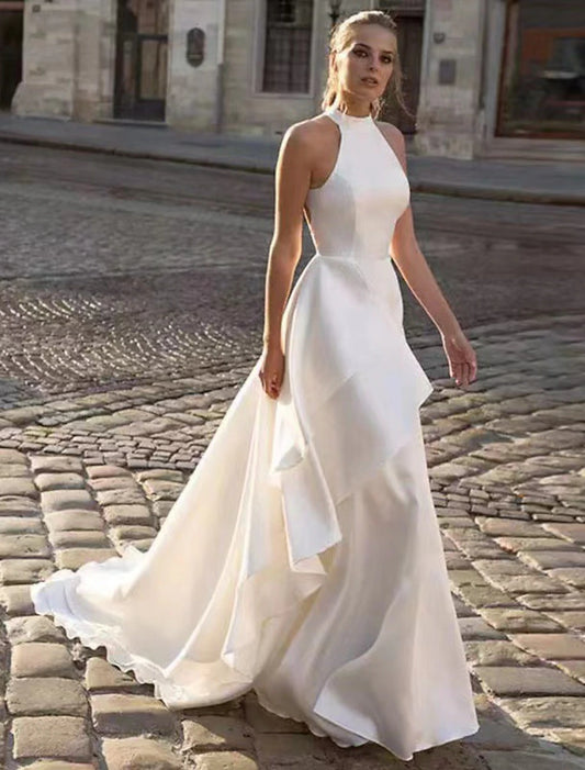 Wholesale Reception Open Back Casual Wedding Dresses A-Line Halter Sleeveless Court Train Satin Bridal Gowns With Solid Color Summer Fall Wedding Party