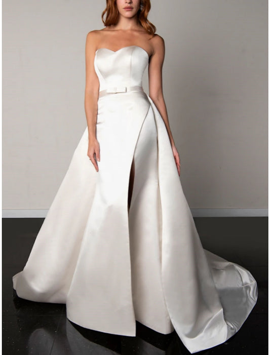 Wholesa Formal Wedding Dresses A-Line Sweetheart Sleeveless Court Train Satin Bridal Gowns With Bow(s) Pleats