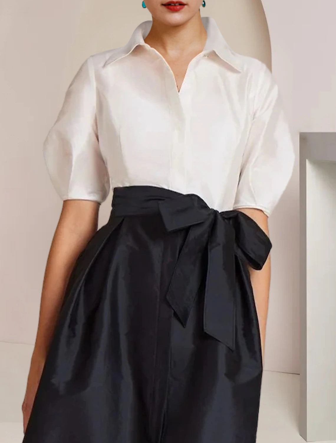 Wholesa A-Line Mother of the Bride Dress Formal Wedding Guest Party Elegant Shirt Collar Floor Length Taffeta Short Sleeve with Bow(s) Color Block