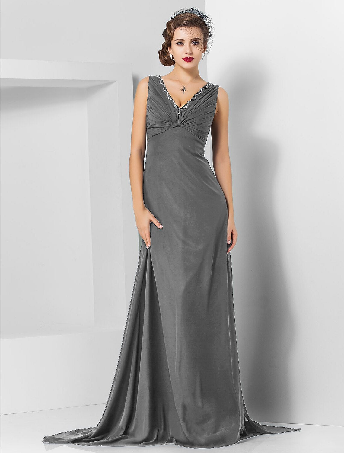 Wholesa Sheath / Column Elegant Engagement Formal Evening Dress V Neck Sleeveless Sweep / Brush Train Chiffon with Crystals Draping