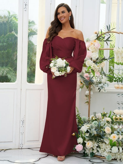 Wholesa Sheath/Column Silk like Satin Ruched Off-the-Shoulder Long Sleeves Floor-Length Bridesmaid Dresses