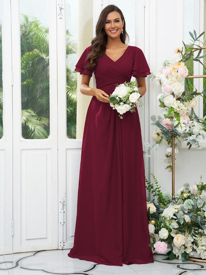 Wholesa A-Line/Princess Chiffon Ruffles V-neck Short Sleeves Floor-Length Bridesmaid Dresses