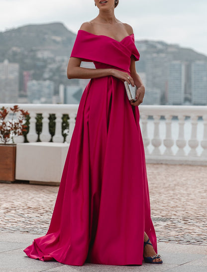 Wholesa A-Line Evening Gown Party Dress Celebrity Style Dress Formal Wedding Court Train Sleeveless Off Shoulder Bridesmaid Dress Satin with Ruched Slit