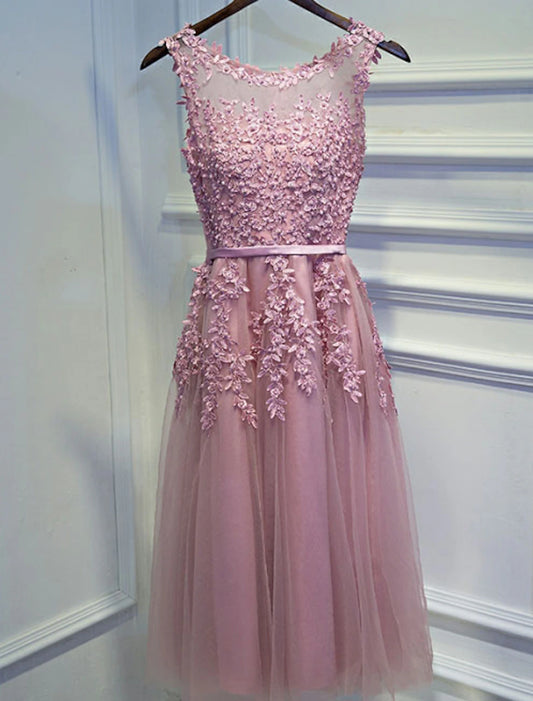 wholesale   A-Line Cute Formal Evening Dress Jewel Neck Sleeveless Short / Mini Lace with Beading Appliques