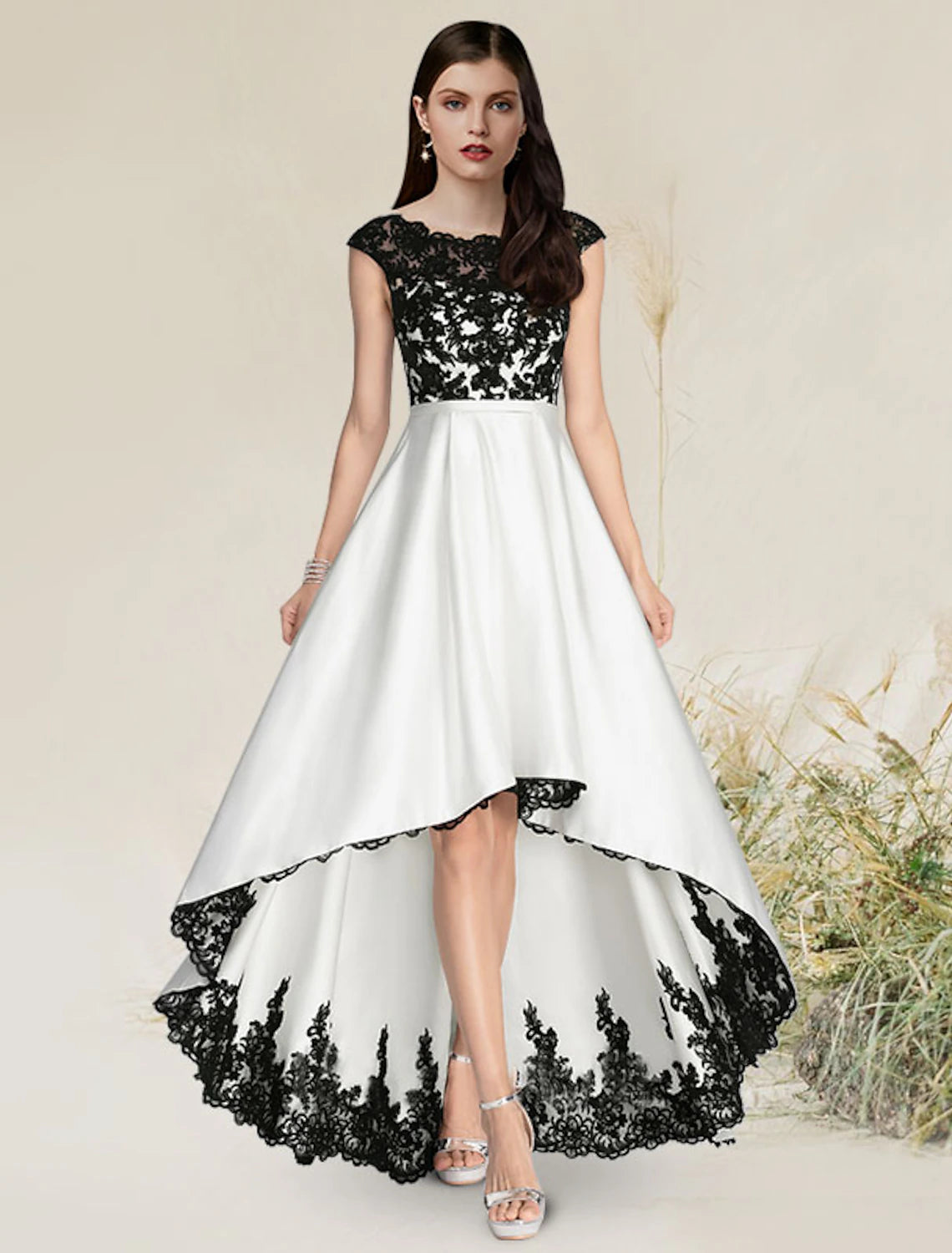 wholesale  A-Line Elegant Engagement Formal Evening Dress Jewel Neck Sleeveless Asymmetrical Satin with Appliques