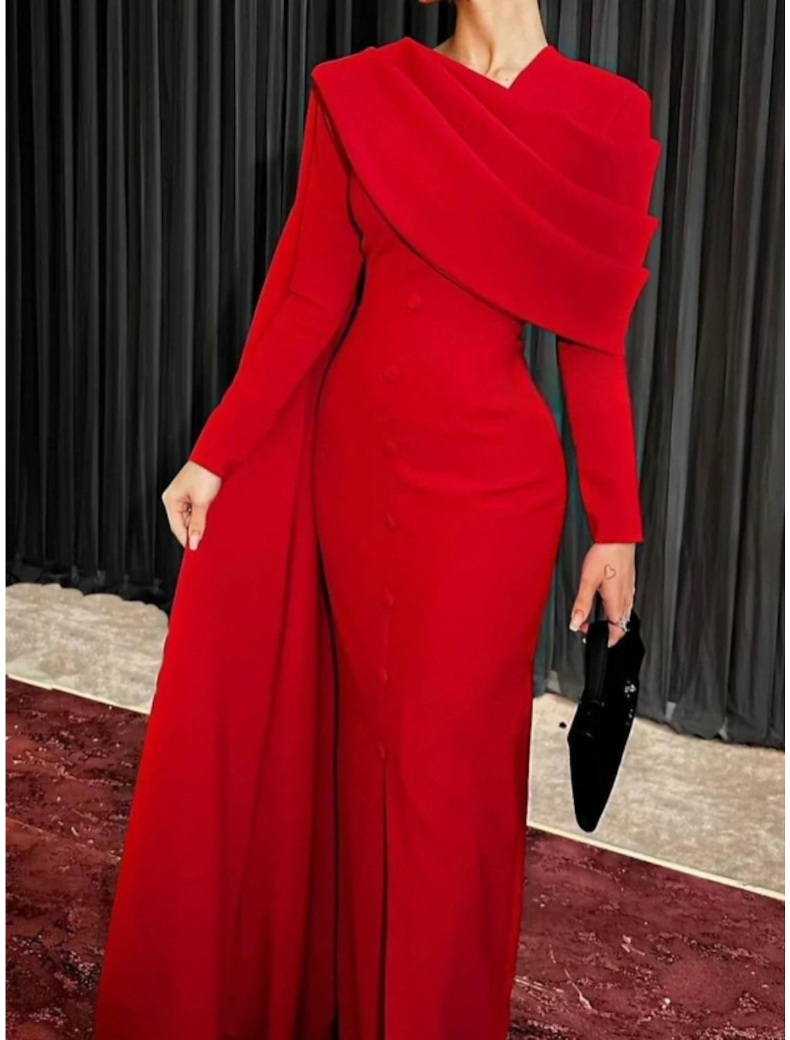 Wholesa Sheath Red Black Red Green Dress Evening Gown Elegant Cape Dress Formal Fall Sweep / Brush Train Long Sleeve Cowl Neck Stretch Fabric with Buttons Slit