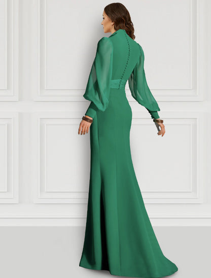 Wholesa  Mermaid Red Green Dress Evening Gown Elegant Dress With Bow Formal Wedding Guest Sweep / Brush Train Long Sleeve V Neck Fall Wedding Guest Chiffon with Slit Strappy