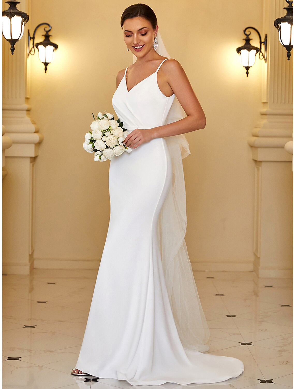 Wholesale Reception Casual Wedding Dresses Mermaid / Trumpet Camisole V Neck Spaghetti Strap Sweep / Brush Train Stretch Fabric Bridal Gowns With Ruched Draping 2023 Summer Wedding Party