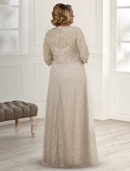 wholesale A-Line Mother of the Bride Dress Plus Size Elegant Jewel Neck Floor Length Lace Half Sleeve with Appliques