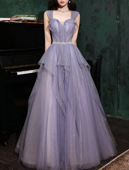 Aimishang A-Line Prom Dresses Sparkle & Shine Dress Wedding Guest Birthday Floor Length Sleeveless Off Shoulder Tulle with Sequin