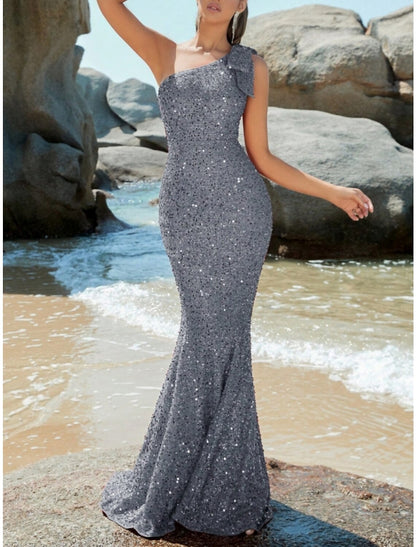 Wholesa Mermaid / Trumpet Evening Gown Sparkle & Shine Dress Formal Wedding Guest Sweep / Brush Train Sleeveless One Shoulder Sequined with Glitter Shouder Flower