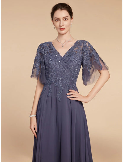 Wholesa  A-Line Mother of the Bride Dress Wedding Guest Elegant V Neck Floor Length Chiffon Lace Short Sleeve with Sequin Ruching Solid Color