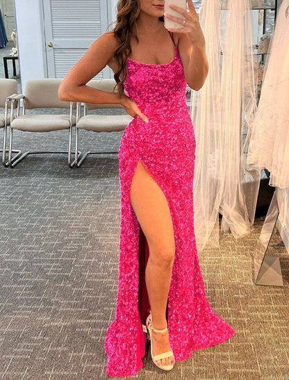 Wholesa  Mermaid / Trumpet Prom Dresses Sparkle & Shine Dress Wedding Guest Party Wear Floor Length Sleeveless Spaghetti Strap Sequined with Sequin Slit