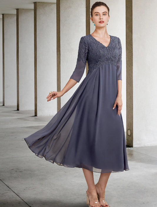 wholesale A-Line Mother of the Bride Dress Fall Wedding Guest Plus Size Elegant V Neck Tea Length Chiffon Lace 3/4 Length Sleeve with Ruffles Appliques