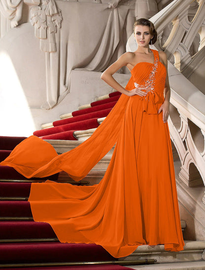 Wholesa A-Line Elegant Dress Wedding Guest Engagement Court Train Sleeveless One Shoulder Chiffon with Crystals Draping