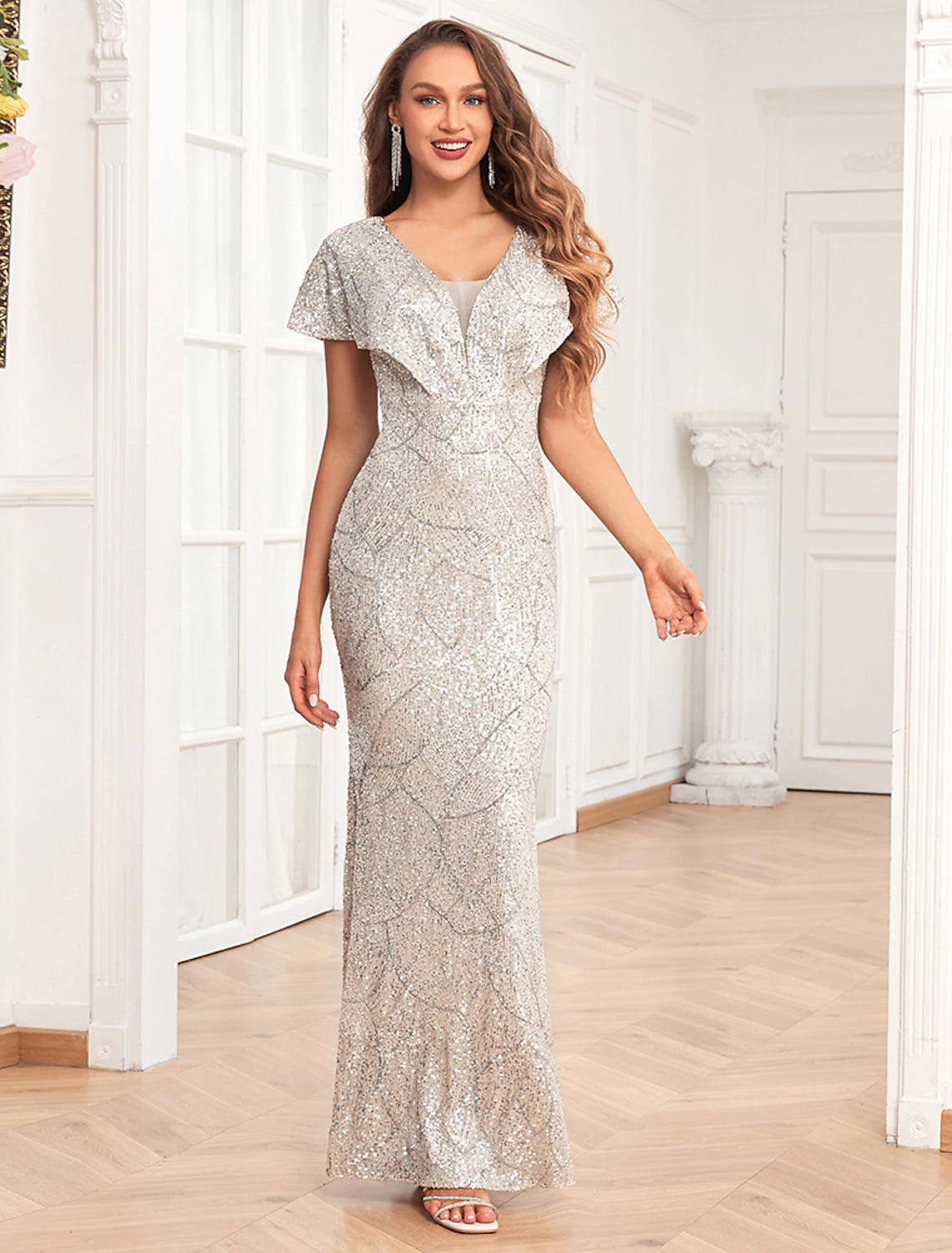 Wholesa Mermaid / Trumpet Evening Gown Elegant Dress Evening Party Prom Floor Length Short Sleeve V Neck Fall Wedding Reception Sequined V Back with Sequin